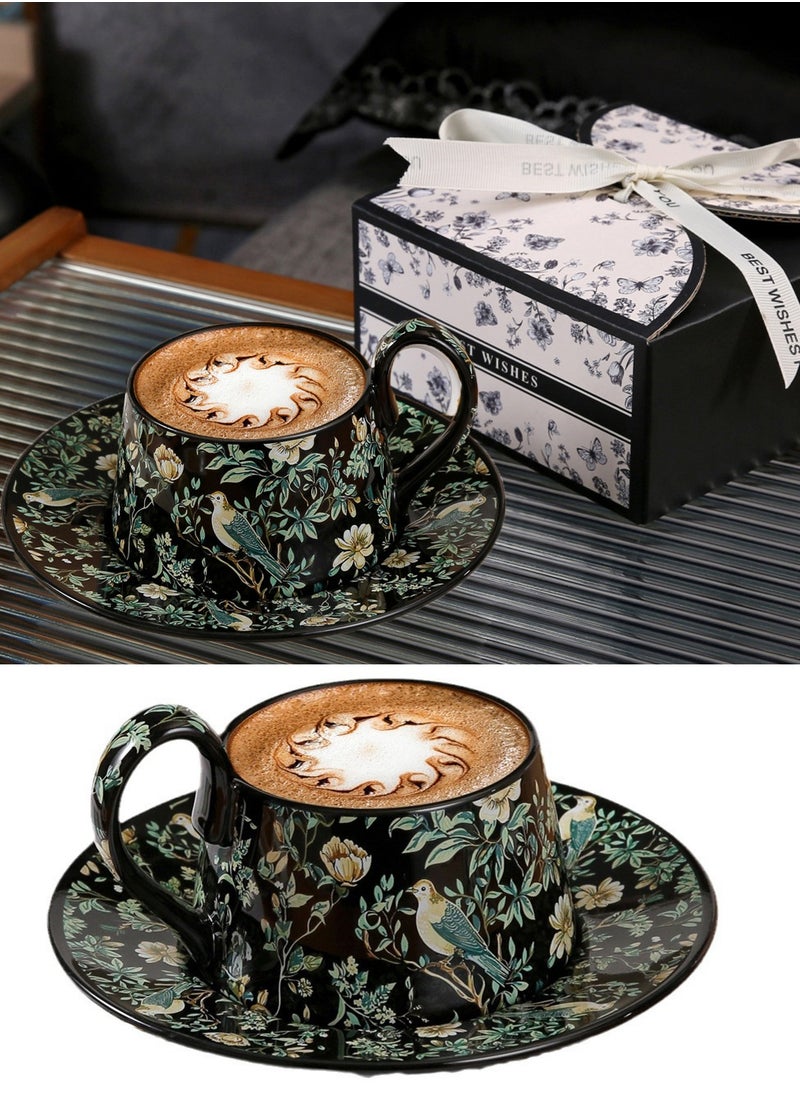 Ceramic Coffee Cup and Saucer Set, Vintage Floral Design Porcelain Coffee Cup and Saucer with Gift Box, Hand Crafted Flower Shaped Coffee Cup for Home Office,250 ML Capacity