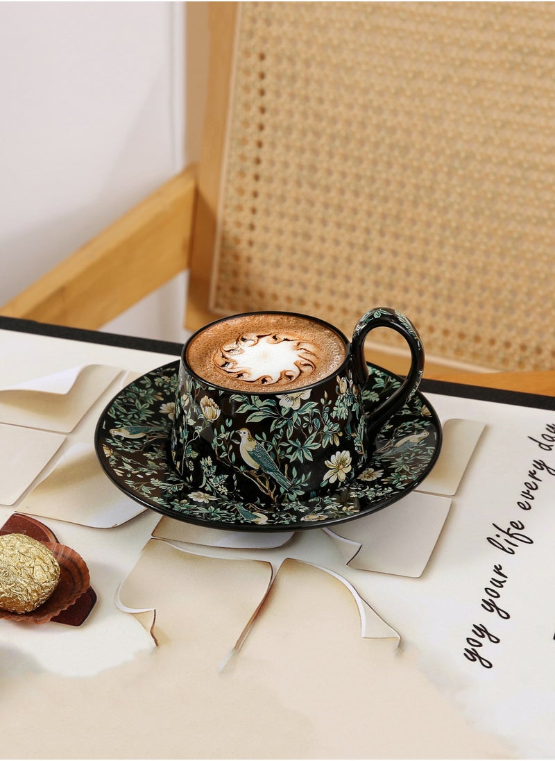 Ceramic Coffee Cup and Saucer Set, Vintage Floral Design Porcelain Coffee Cup and Saucer with Gift Box, Hand Crafted Flower Shaped Coffee Cup for Home Office,250 ML Capacity