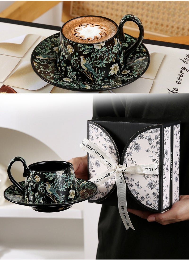 Ceramic Coffee Cup and Saucer Set, Vintage Floral Design Porcelain Coffee Cup and Saucer with Gift Box, Hand Crafted Flower Shaped Coffee Cup for Home Office,250 ML Capacity