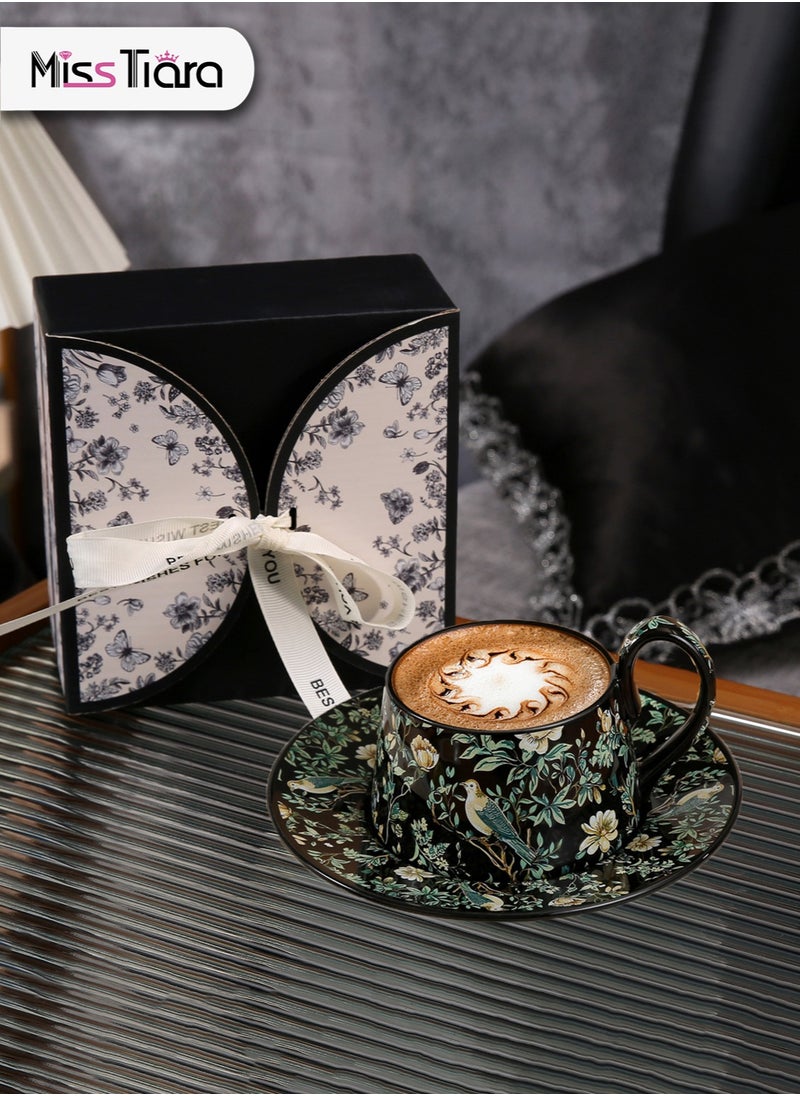 Ceramic Coffee Cup and Saucer Set, Vintage Floral Design Porcelain Coffee Cup and Saucer with Gift Box, Hand Crafted Flower Shaped Coffee Cup for Home Office,250 ML Capacity