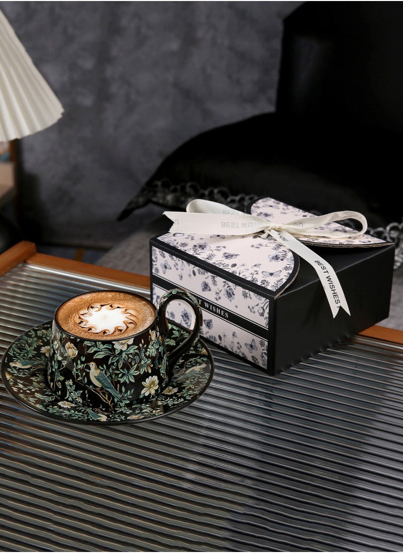 Ceramic Coffee Cup and Saucer Set, Vintage Floral Design Porcelain Coffee Cup and Saucer with Gift Box, Hand Crafted Flower Shaped Coffee Cup for Home Office,250 ML Capacity