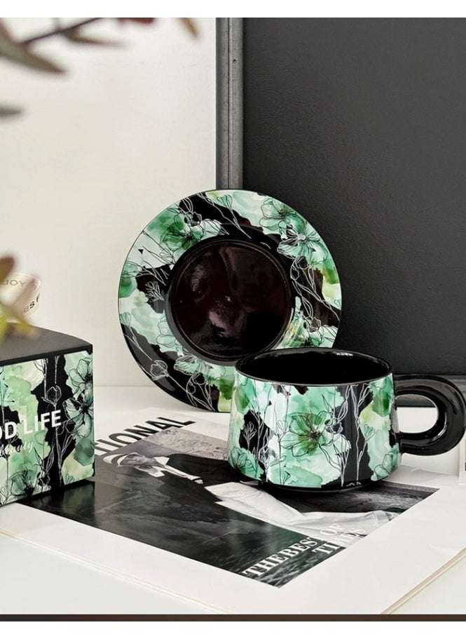 Ceramic Coffee Cup and Saucer Set, Vintage Floral Design Porcelain Coffee Cup and Saucer with Gift Box, Hand Crafted Flower Shaped Coffee Cup for Home Office,250 ML Capacity