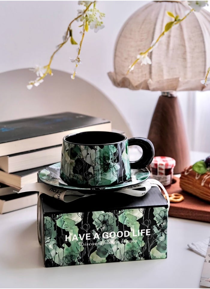 Ceramic Coffee Cup and Saucer Set, Vintage Floral Design Porcelain Coffee Cup and Saucer with Gift Box, Hand Crafted Flower Shaped Coffee Cup for Home Office,250 ML Capacity