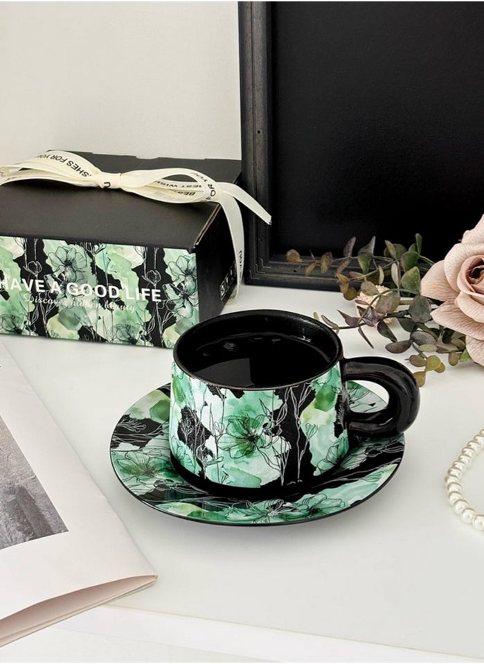 Ceramic Coffee Cup and Saucer Set, Vintage Floral Design Porcelain Coffee Cup and Saucer with Gift Box, Hand Crafted Flower Shaped Coffee Cup for Home Office,250 ML Capacity
