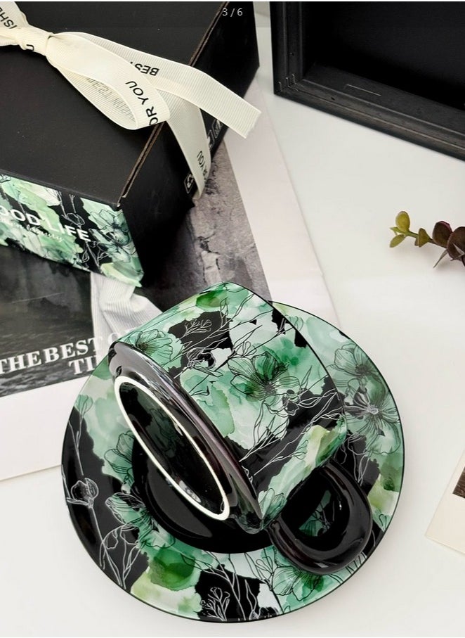 Ceramic Coffee Cup and Saucer Set, Vintage Floral Design Porcelain Coffee Cup and Saucer with Gift Box, Hand Crafted Flower Shaped Coffee Cup for Home Office,250 ML Capacity