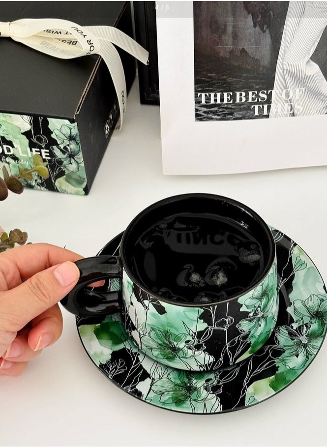 Ceramic Coffee Cup and Saucer Set, Vintage Floral Design Porcelain Coffee Cup and Saucer with Gift Box, Hand Crafted Flower Shaped Coffee Cup for Home Office,250 ML Capacity