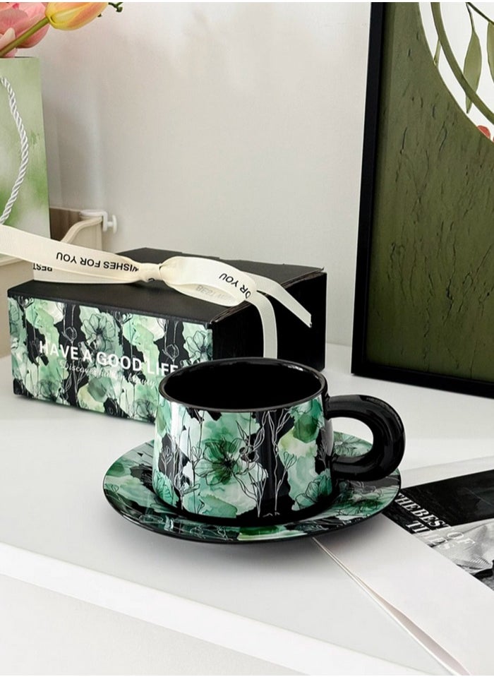 Ceramic Coffee Cup and Saucer Set, Vintage Floral Design Porcelain Coffee Cup and Saucer with Gift Box, Hand Crafted Flower Shaped Coffee Cup for Home Office,250 ML Capacity