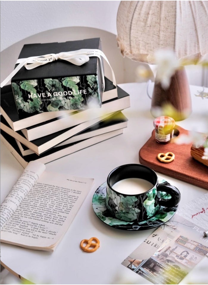 Ceramic Coffee Cup and Saucer Set, Vintage Floral Design Porcelain Coffee Cup and Saucer with Gift Box, Hand Crafted Flower Shaped Coffee Cup for Home Office,250 ML Capacity