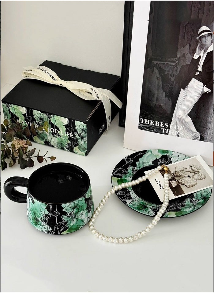 Ceramic Coffee Cup and Saucer Set, Vintage Floral Design Porcelain Coffee Cup and Saucer with Gift Box, Hand Crafted Flower Shaped Coffee Cup for Home Office,250 ML Capacity