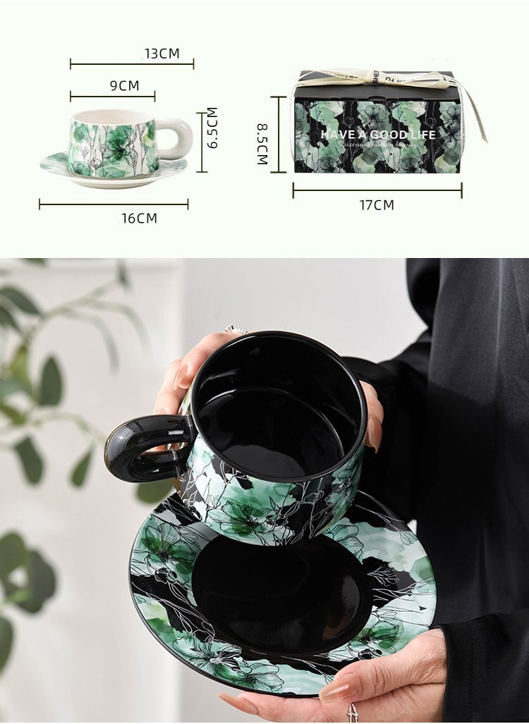 Ceramic Coffee Cup and Saucer Set, Vintage Floral Design Porcelain Coffee Cup and Saucer with Gift Box, Hand Crafted Flower Shaped Coffee Cup for Home Office,250 ML Capacity