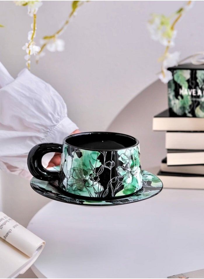 Ceramic Coffee Cup and Saucer Set, Vintage Floral Design Porcelain Coffee Cup and Saucer with Gift Box, Hand Crafted Flower Shaped Coffee Cup for Home Office,250 ML Capacity