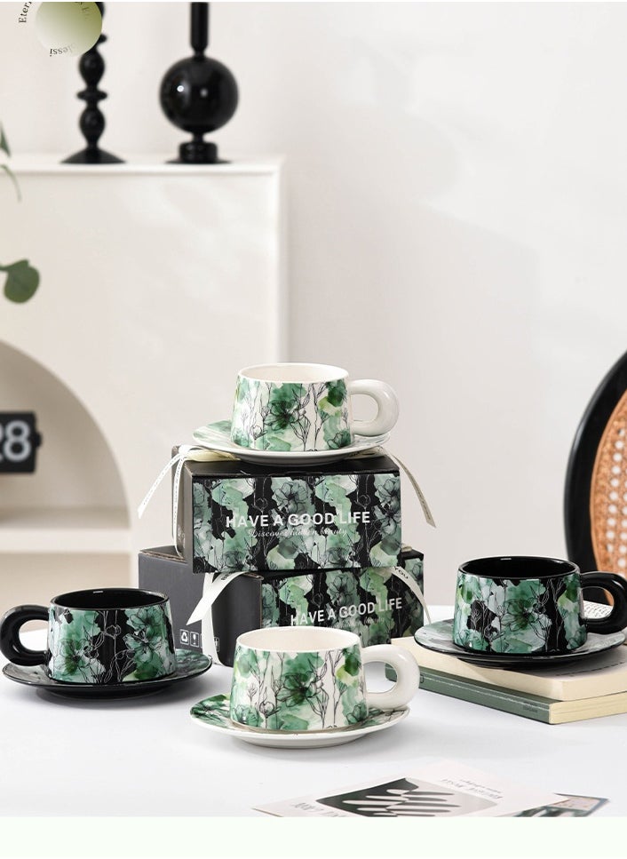 Ceramic Coffee Cup and Saucer Set, Vintage Floral Design Porcelain Coffee Cup and Saucer with Gift Box, Hand Crafted Flower Shaped Coffee Cup for Home Office,250 ML Capacity