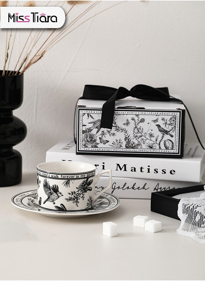 Ceramic Coffee Cup and Saucer Set, Vintage Floral Design Porcelain Coffee Cup and Saucer with Gift Box, Hand Crafted Flower Shaped Coffee Cup for Home Office,250 ML Capacity