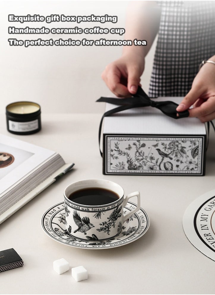 Ceramic Coffee Cup and Saucer Set, Vintage Floral Design Porcelain Coffee Cup and Saucer with Gift Box, Hand Crafted Flower Shaped Coffee Cup for Home Office,250 ML Capacity
