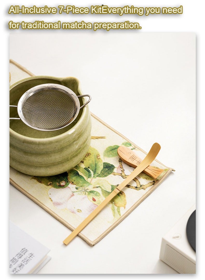 Japanese Matcha Tea Set, 7Pcs Matcha Matcha Set with Matcha Bowl, Matcha Bamboo Whisk, Scoop, Whisk Holder, Stainless Steel Tea Sifter, Tea Making Kit