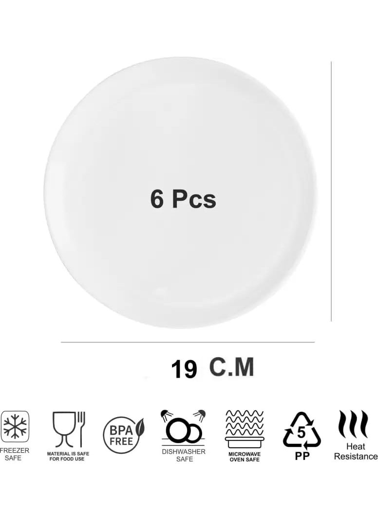 AWICKTIK Unbreakable 19 CM Light Weighted Round Half Size DinnerLunch Plastic Quarter Plates Set of 6 Pcs White