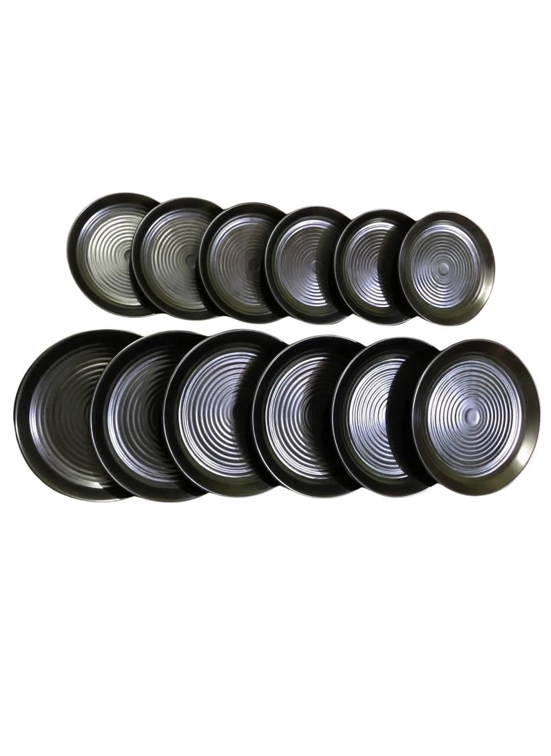 Adoaisy Creations Melamine Plates Set of 6 Half Plates and 6 Full Plates Black Colour Spiral Circular Design