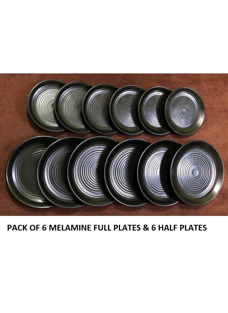 Adoaisy Creations Melamine Plates Set of 6 Half Plates and 6 Full Plates Black Colour Spiral Circular Design