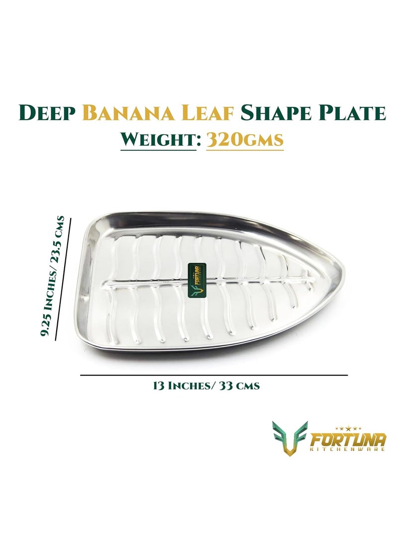 FORTUNA KITCHENWARE Stainless Steel Banana Leaf Dinner Plates Set of 4 13 x 925 Inches 320g Traditional Pooja South Indian Thali Plate for Rice Meals Home Temple Use