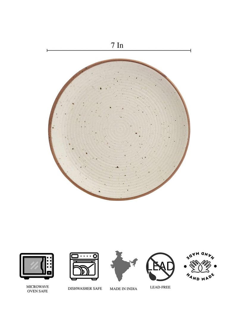 Miah Decor Ceramic Quarter Plates Small Dinner Plates Set of 4 Handcrafted Stoneware OffWhite with Brown Rim grains Serving Platter for Snacks Dessert Microwave and Dishwasher Safe Size 7 Inches
