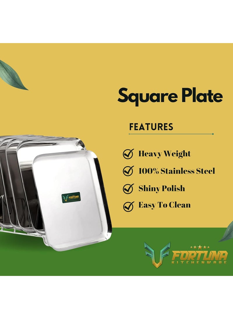 Fortuna Kitchenware Stainless Steel Plates Set of 6 Square Plates Breakfast Plates Set of 6 Diameter 8 Inches Plain 6 10 Inches