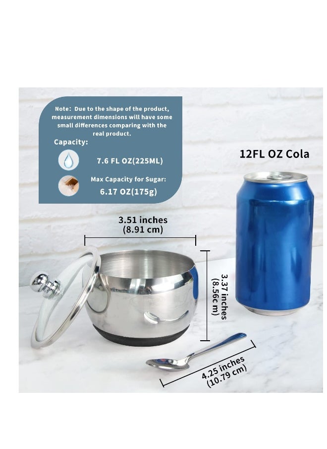 Stainless Steel Sugar Bowl with NonSlip Silicone Base Sugar Bowl with Clear Lid for Better Recognition and Sugar Spoon for Home and Kitchen Drum Shape 8.1 OZ 240 ML Black