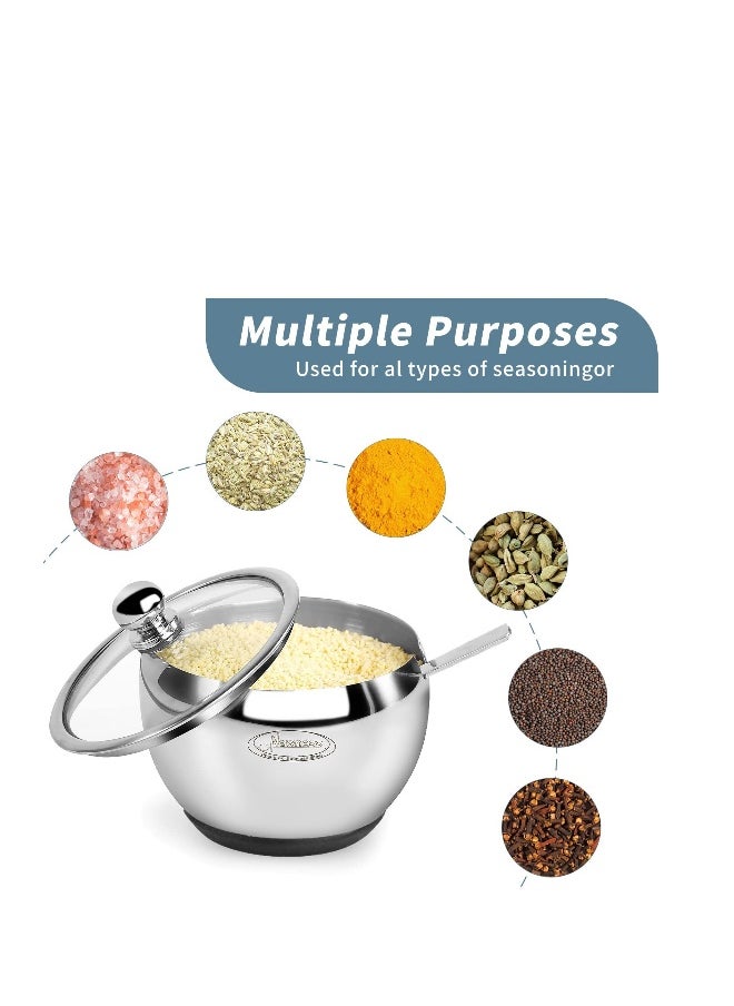 Stainless Steel Sugar Bowl with NonSlip Silicone Base Sugar Bowl with Clear Lid for Better Recognition and Sugar Spoon for Home and Kitchen Drum Shape 8.1 OZ 240 ML Black