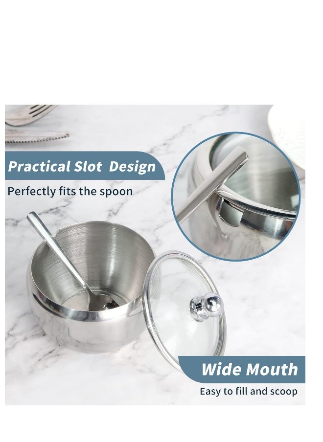 Stainless Steel Sugar Bowl with NonSlip Silicone Base Sugar Bowl with Clear Lid for Better Recognition and Sugar Spoon for Home and Kitchen Drum Shape 8.1 OZ 240 ML Black