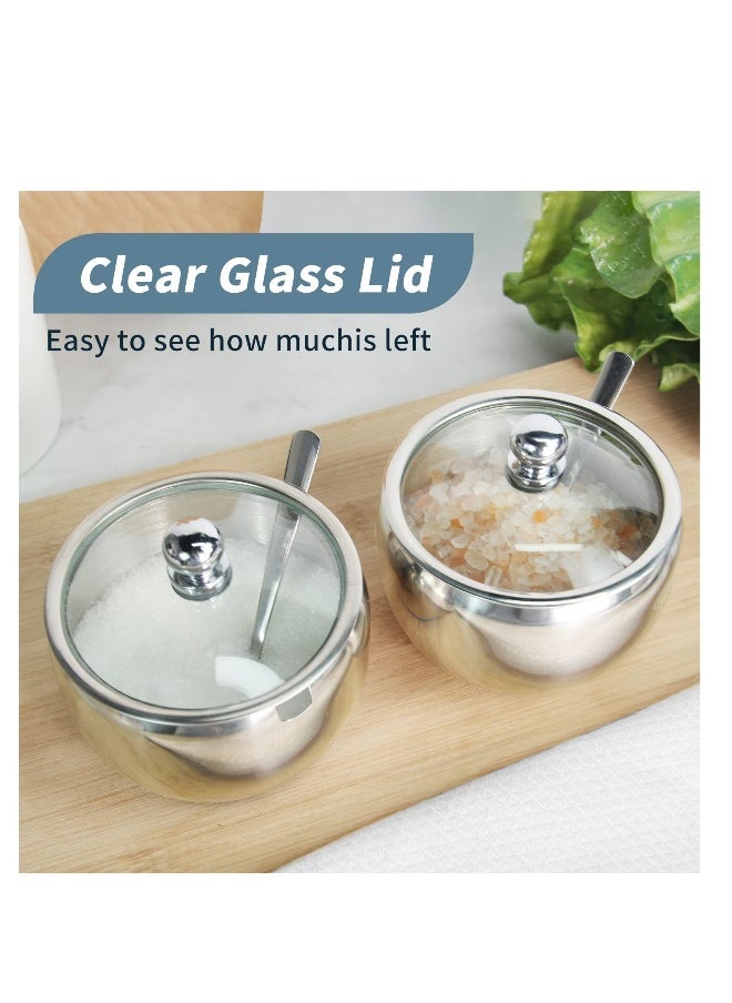 Stainless Steel Sugar Bowl with NonSlip Silicone Base Sugar Bowl with Clear Lid for Better Recognition and Sugar Spoon for Home and Kitchen Drum Shape 8.1 OZ 240 ML Black
