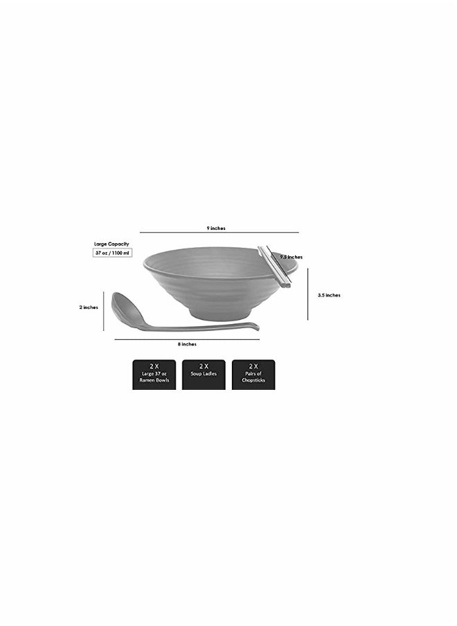 2 Sets of Ramen Bowl (Black Melamine) 6 Pieces 37oz Soup Bowls with Chopsticks and Spoons Set for Ramen Pho Noodles Asian Dishes
