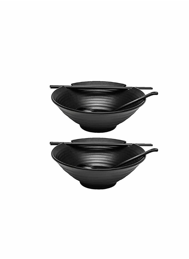 2 Sets of Ramen Bowl (Black Melamine) 6 Pieces 37oz Soup Bowls with Chopsticks and Spoons Set for Ramen Pho Noodles Asian Dishes