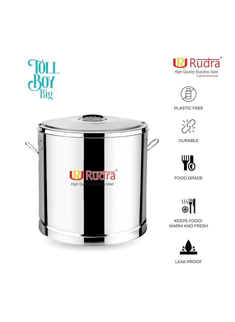 Rudra Stainless Steel TB Big Stainless Steel Traditional Hot Pot Puff Insulated Hot Cold Container Casserole with Side Handles Silver 50 litres