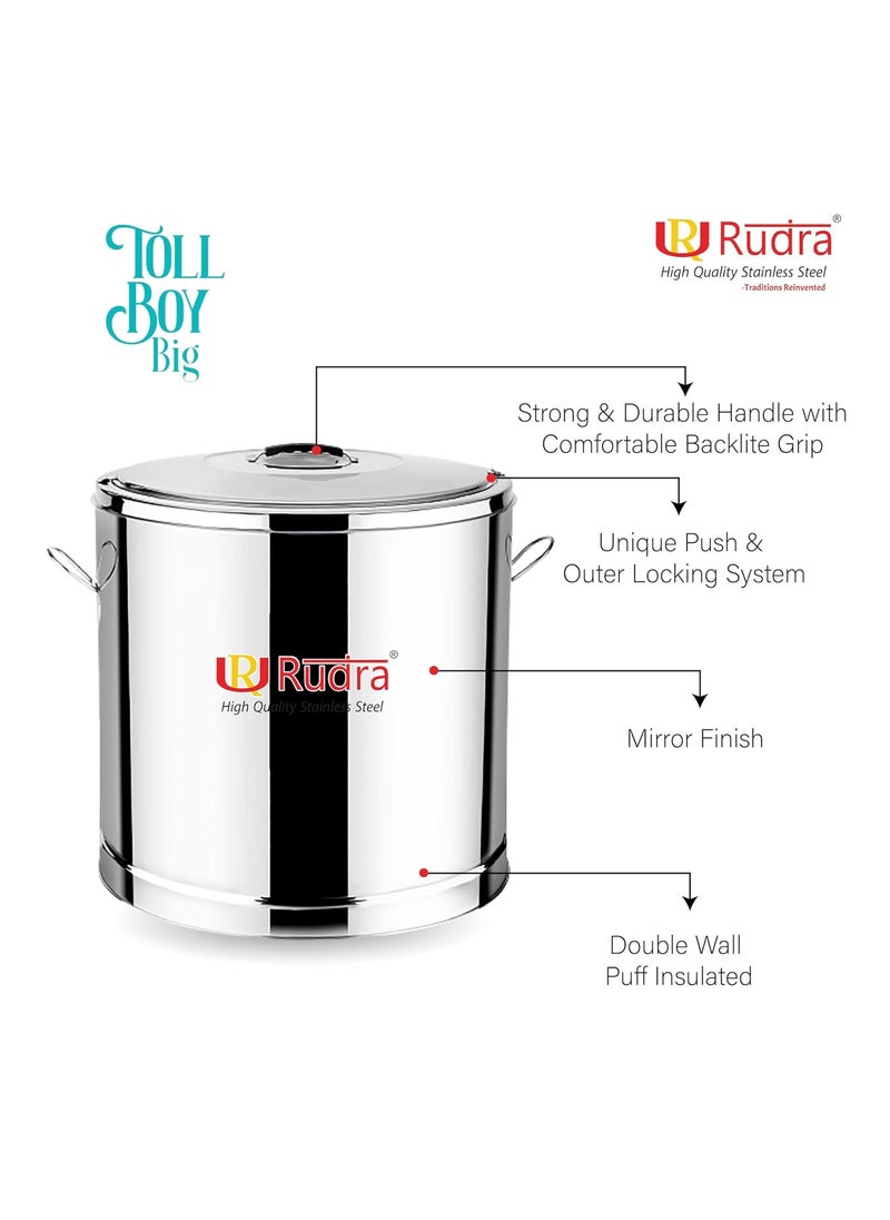 Rudra Stainless Steel TB Big Stainless Steel Traditional Hot Pot Puff Insulated Hot Cold Container Casserole with Side Handles Silver 50 litres
