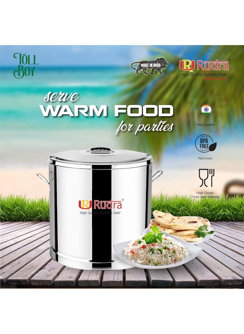 Rudra Stainless Steel TB Big Stainless Steel Traditional Hot Pot Puff Insulated Hot Cold Container Casserole with Side Handles Silver 50 litres