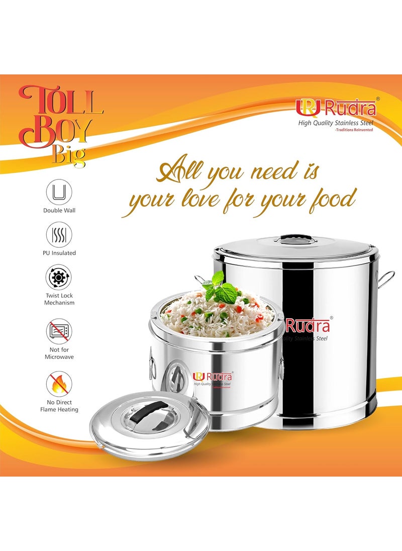 Rudra Stainless Steel TB Big Stainless Steel Traditional Hot Pot Puff Insulated Hot Cold Container Casserole with Side Handles Silver 50 litres