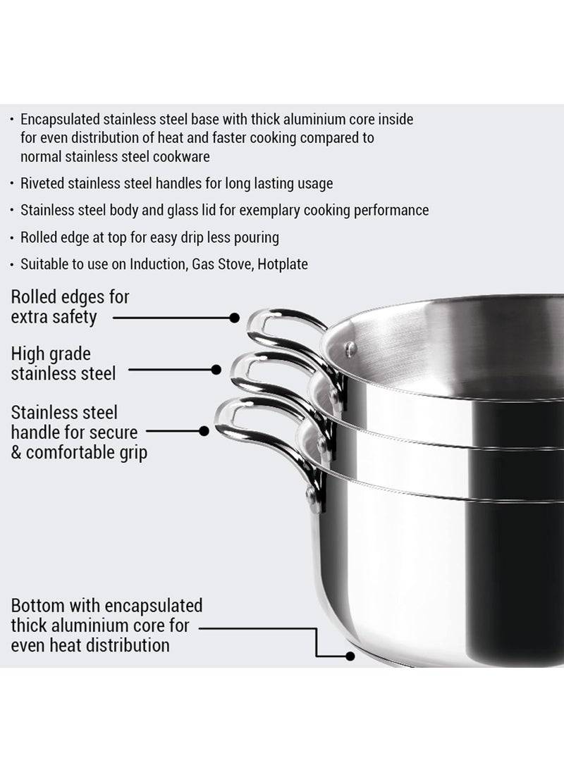 MILTON Pro cook Triply StainlessSteel Casserole HandiStock PotBiryani Pot with Glass Lid 14 cm 12 Litre CookNServe Bowl Gas and Induction Friendly 2 Years Warranty