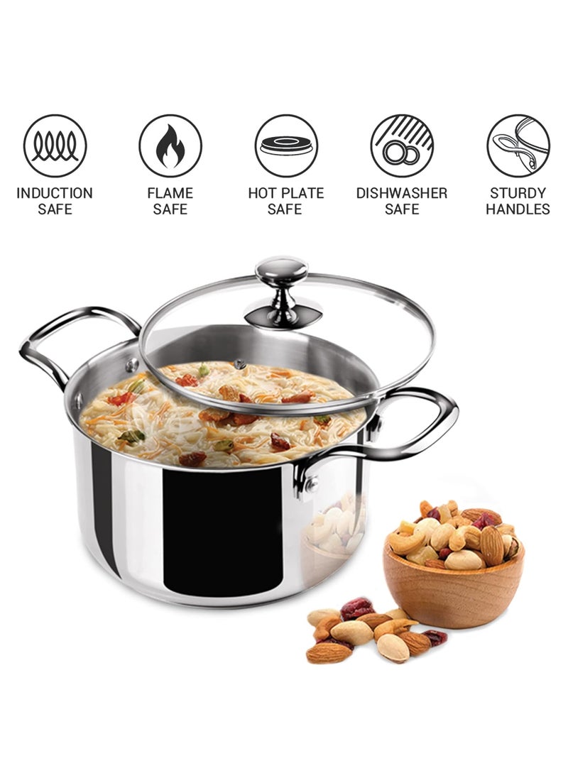 MILTON Pro cook Triply StainlessSteel Casserole HandiStock PotBiryani Pot with Glass Lid 14 cm 12 Litre CookNServe Bowl Gas and Induction Friendly 2 Years Warranty