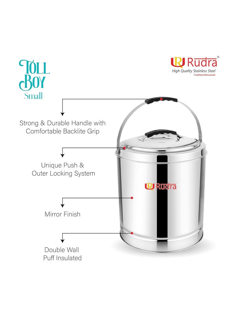 Rudra Stainless Steel Tall Boy Small 5L Insulated Hot Cold Casserole Puff Insulated Food Storage Container with Side Handles Keeps Food Fresh for Hours RustProof Durable Made in India