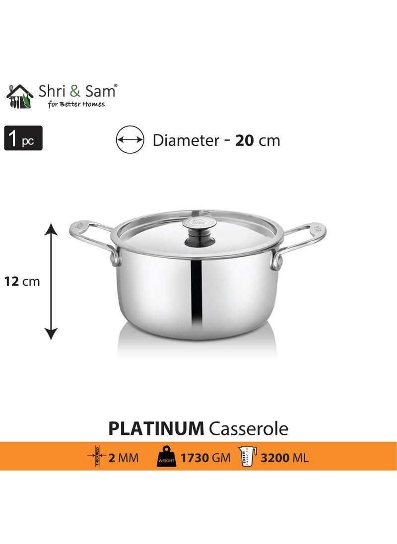 Shri Sam Stainless Steel Platinum Plain Heavy Weight Casserole 20 cm