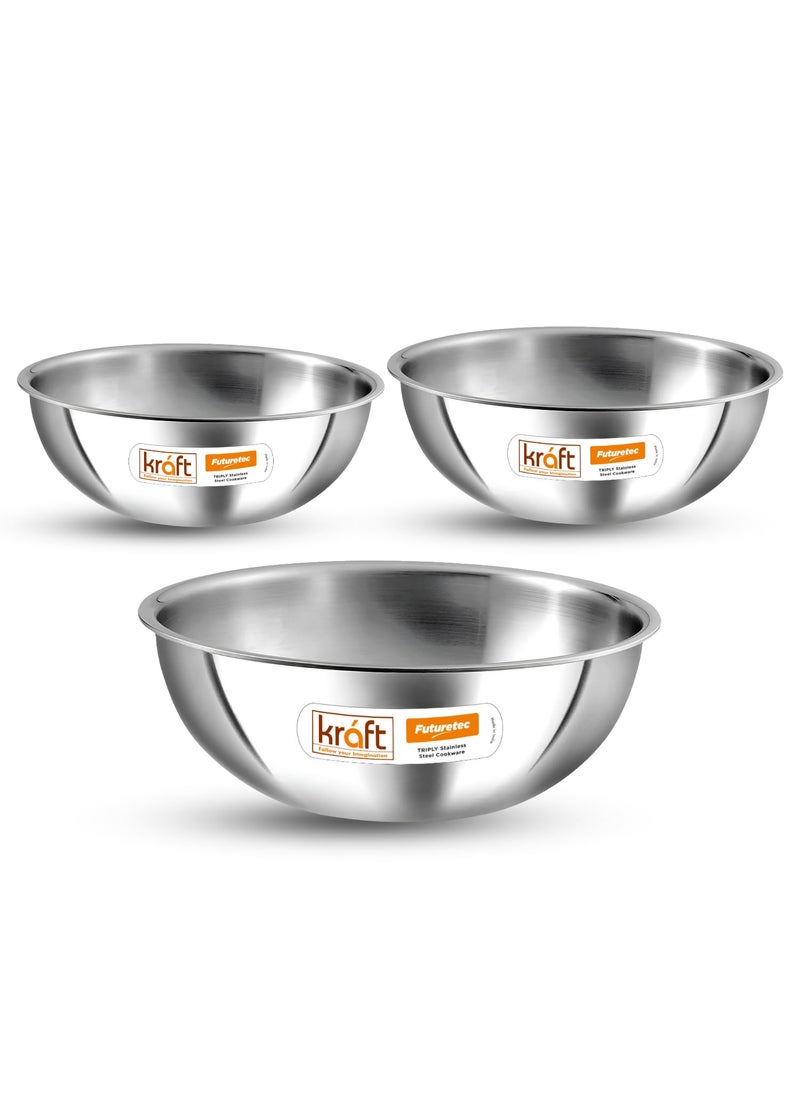Kraft Futuretec Triply Stainless Steel Cookware Tasla Set of 311L 15L and 24L 25 mm Thick Extra Deep TaslaKadai for CookingHeavy Induction Bottom 5 Year Warranty