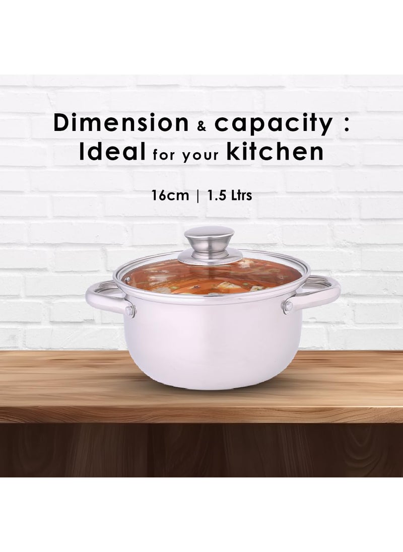 Wonderchef Nigella Stainless Steel Casserole with Lid Cook and Serve Triply Construction Scratch Chip Resistance Extra deep Curved Body Glass Lid with Steam Vent 16cm