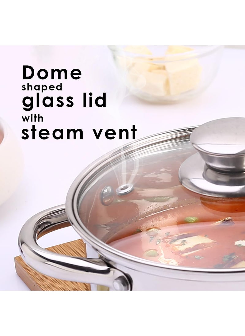 Wonderchef Nigella Stainless Steel Casserole with Lid Cook and Serve Triply Construction Scratch Chip Resistance Extra deep Curved Body Glass Lid with Steam Vent 16cm