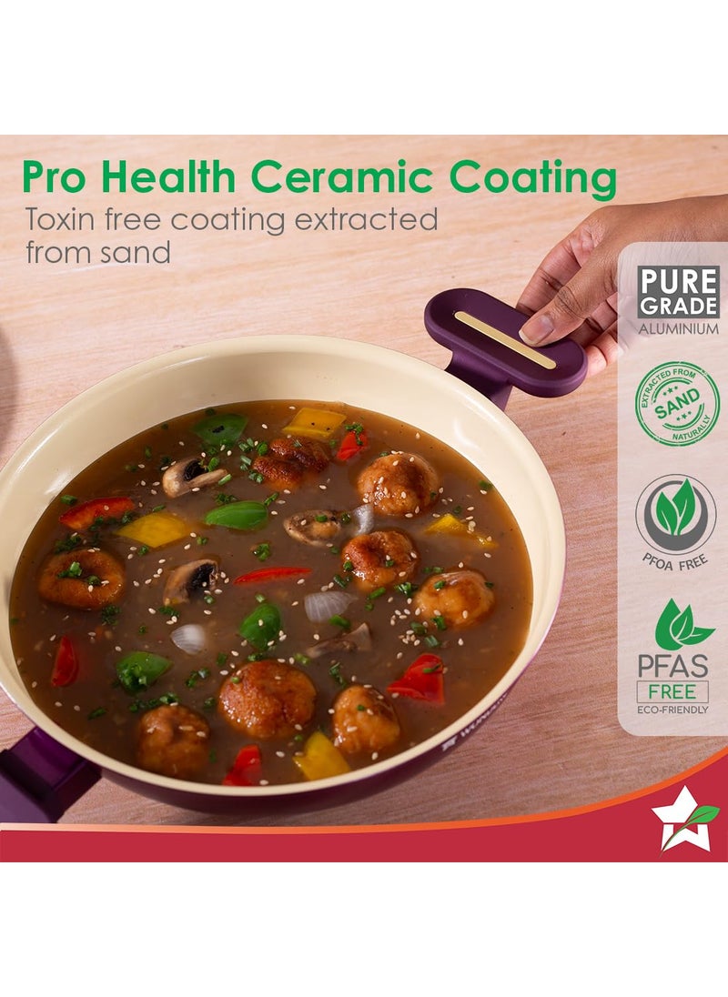 Wonderchef Bellagio Kadhai with Lid NonStick Ceramic Coating NonToxic Pure Aluminium PFAS and PFOA Free 3mm Thickness TwoTone SoftTouch Handles and Knob Firm Grip 2 Years Warranty