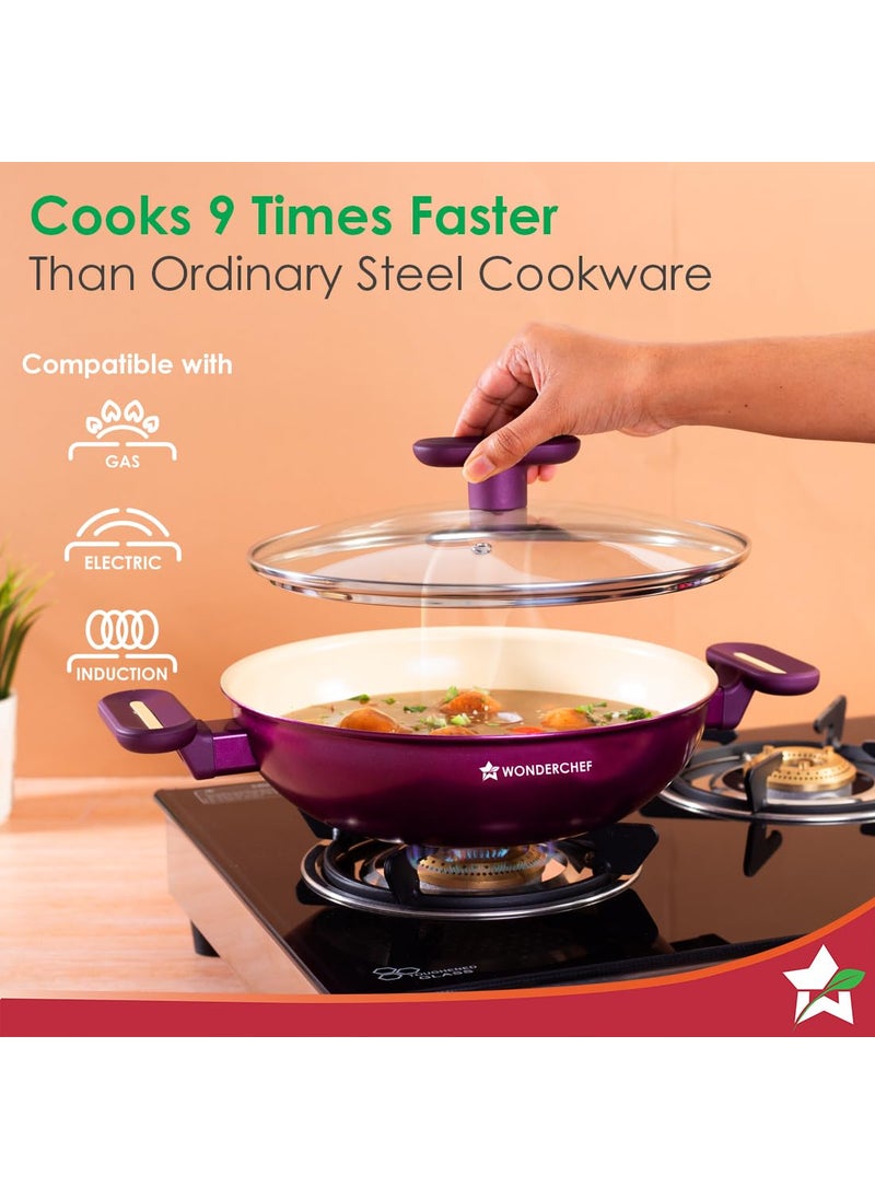 Wonderchef Bellagio Kadhai with Lid NonStick Ceramic Coating NonToxic Pure Aluminium PFAS and PFOA Free 3mm Thickness TwoTone SoftTouch Handles and Knob Firm Grip 2 Years Warranty