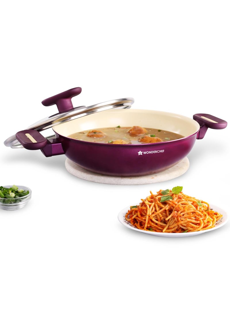 Wonderchef Bellagio Kadhai with Lid NonStick Ceramic Coating NonToxic Pure Aluminium PFAS and PFOA Free 3mm Thickness TwoTone SoftTouch Handles and Knob Firm Grip 2 Years Warranty