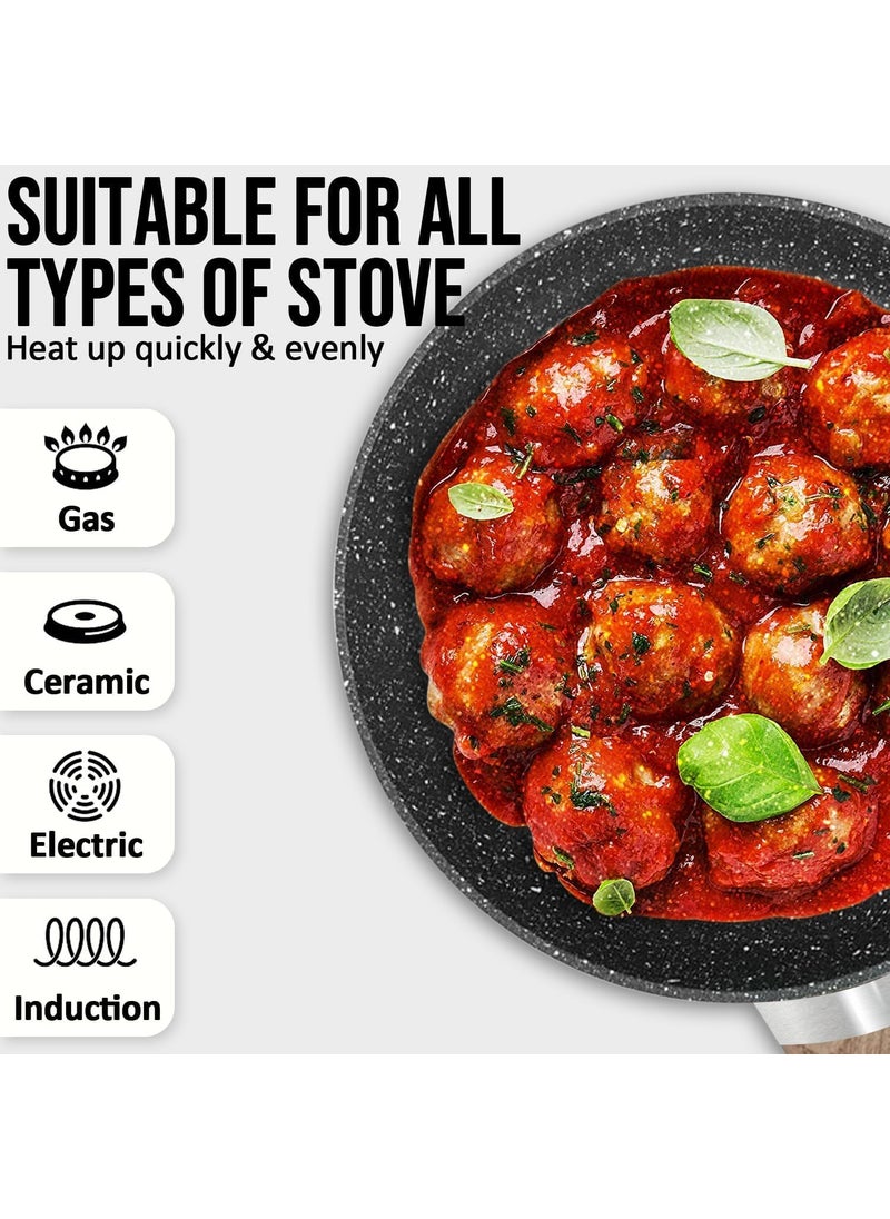 Gladnes Alluminum Alloy Marble Finish Professional Kitchen Non Stick Frying Pan CD Bottom Bakelite Wood Handle for Induction Cookware Safe Black 22CM