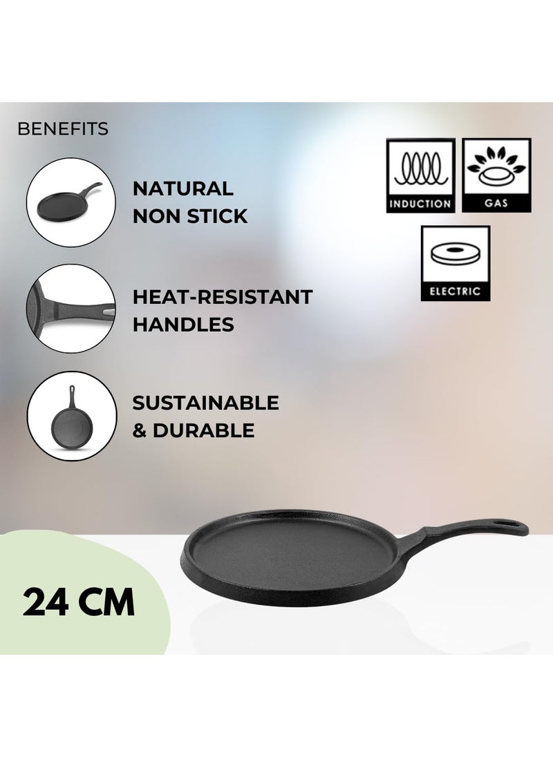 Pencil PreSeasoned Cast Iron Shallow Pan 24 cm FryRoasting Pan Compatible with Gas Stoves Induction Naturally Nonstick 100 Pure ToxinFree No Chemical Coating Long Lasting Black