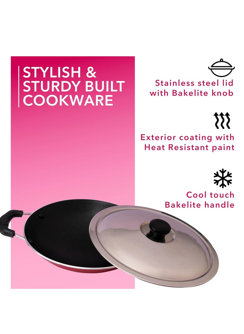 Thangam Premium NonStick Appachatti Tawa Appam Pan with Lid 200mm 24mm Thickness Greblon C2 Coated Red Pack of 1 Griddle with HeatResistant Handle PFOA APEO Free for Cooking Appam