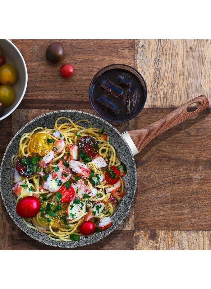 Gladnes NonStick Marble Finish Professional Kitchen Frying Pan CD Bottom with Bakelite Wood Handle Induction Cookware Dishwasher Safe Black 22 CM
