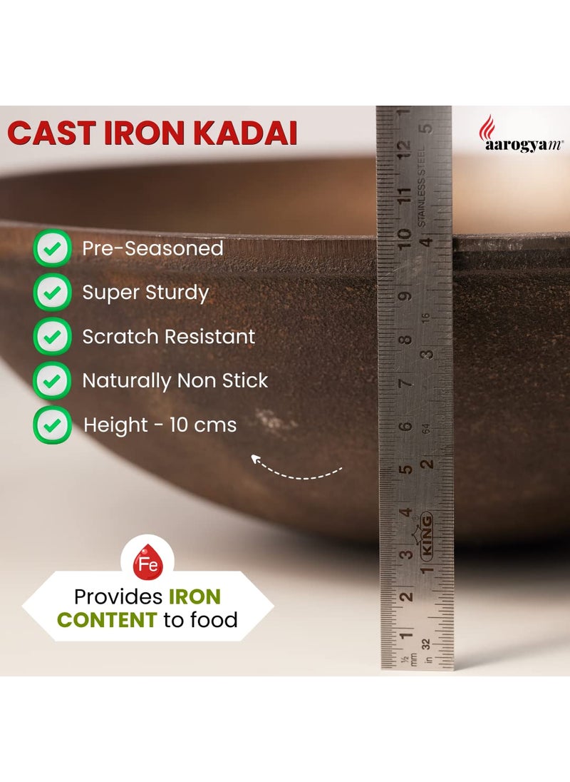 Aarogyam Round Kadai 12 Inch Diameter Cast Iron Pre Seasoned Loha Kadai Oven Safe